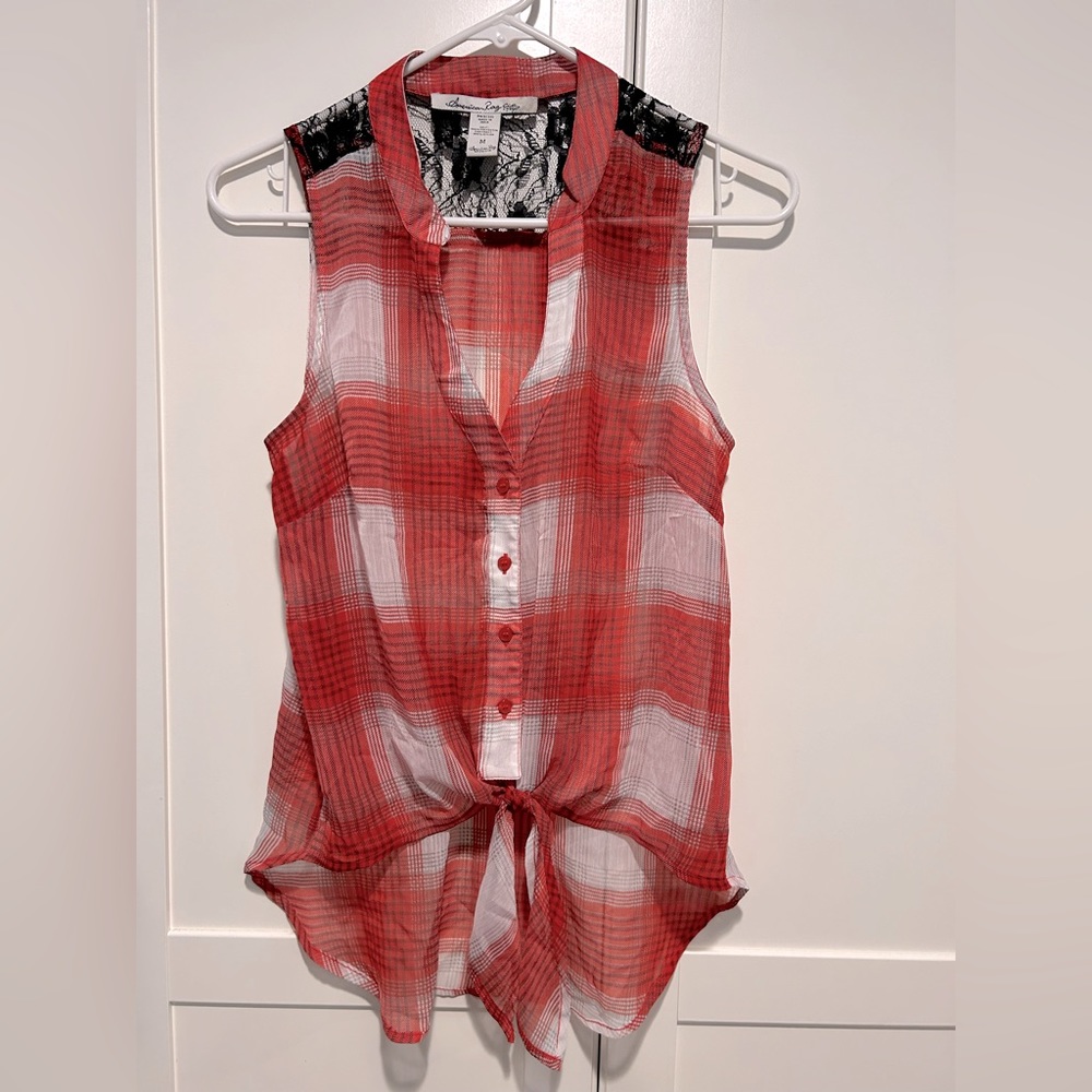 NWOT American Rag Plaid High- Low Tie Front Tank